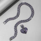 Purple heart diamond pendant on 18-inch Cuban chain necklace by Gardira, featuring a sparkling full diamond design.