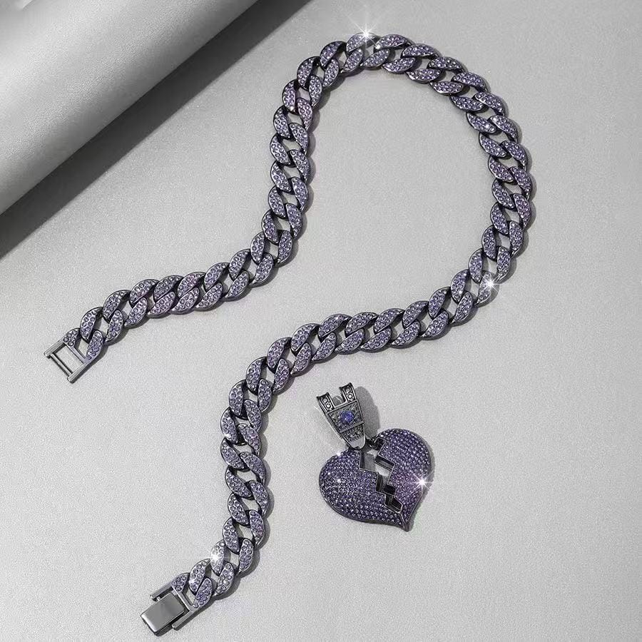 Purple heart diamond pendant on 18-inch Cuban chain necklace by Gardira, featuring a sparkling full diamond design.