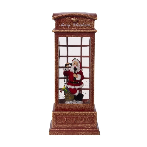 Decorative Christmas figure of Santa Claus in a phone booth with 'Merry Christmas'