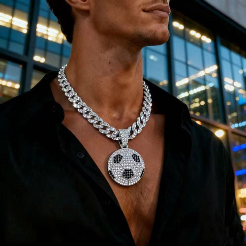 Gardira 18-inch full-diamond football pendant necklace showcasing a sparkling, detailed football design on a sleek chain.