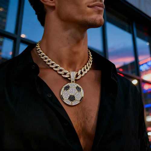 Gardira 18-inch full-diamond football pendant necklace with sparkling diamond details on a silver chain.