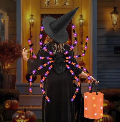 Halloween Giant Spider Backpack Set, 60 LED Light-Up Spider Backpack with Spider Headband, Scary Plush Costume for Kids Halloween Party