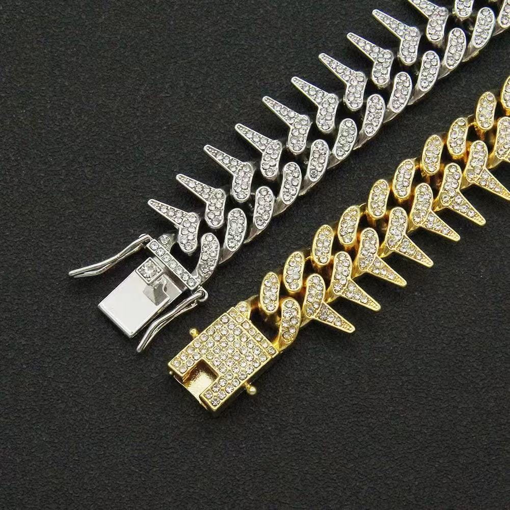 Gardira fully iced-out spiked thorn Cuban link bracelet with punk and hip-hop style, featuring bold, shiny metallic design.