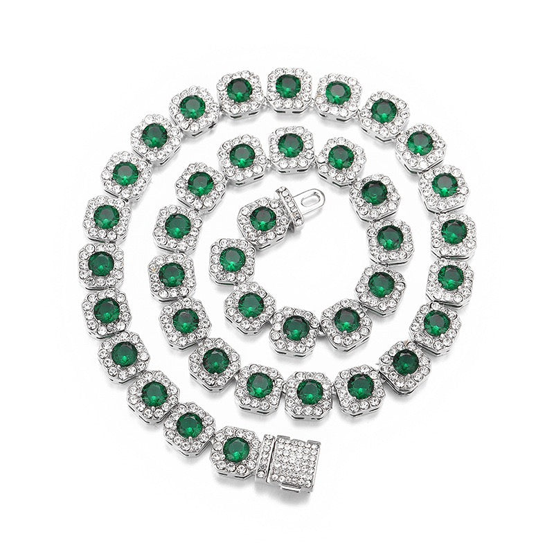 Gardira 11mm iced out square rock sugar Cuban link chain necklace with multicolor CZ stones, suitable for men and women.