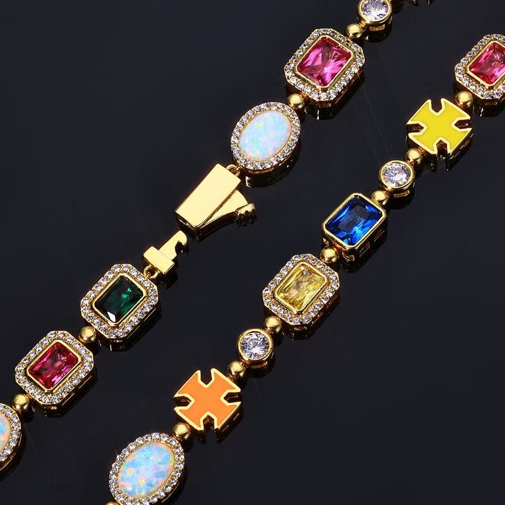 Colorful zircon hip-hop bracelet by Gardira featuring vibrant stones and a stylish design on a sleek black background.