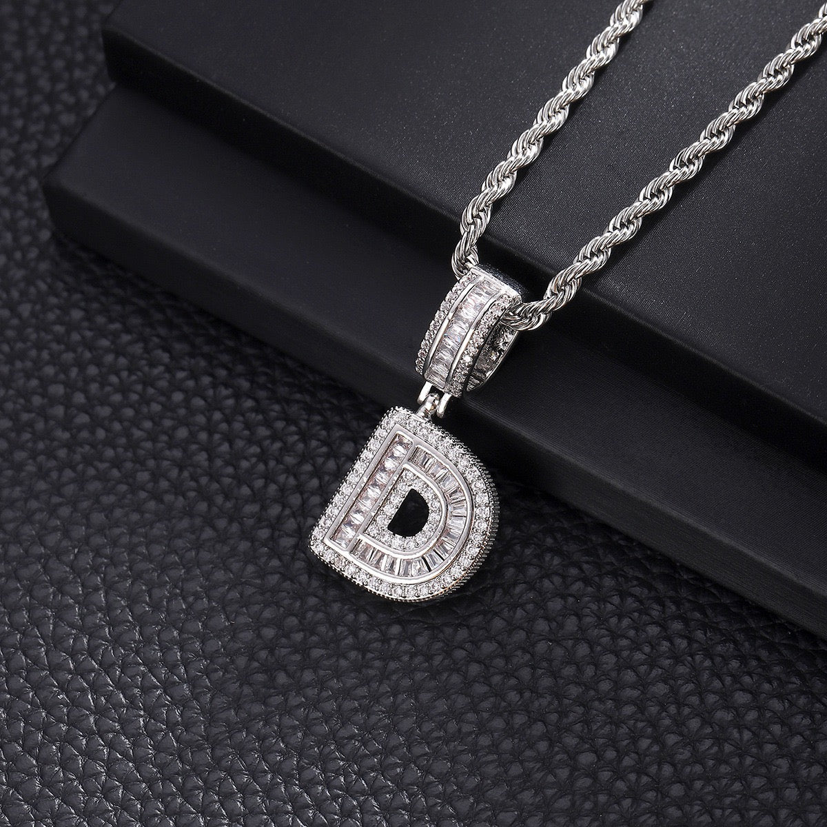 Custom iced out initial letter pendant necklace by Gardira featuring CZ diamonds, alphabet chain for men and women.
