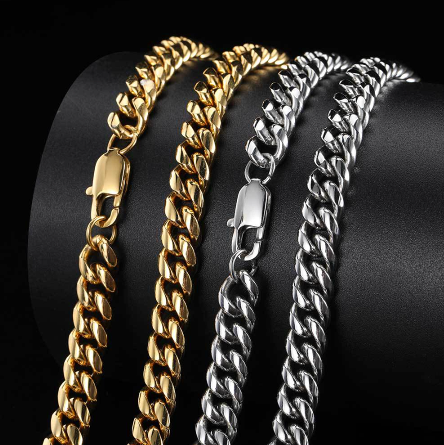 Men’s cuban link chain necklace square buckle titanium steel hip hop style