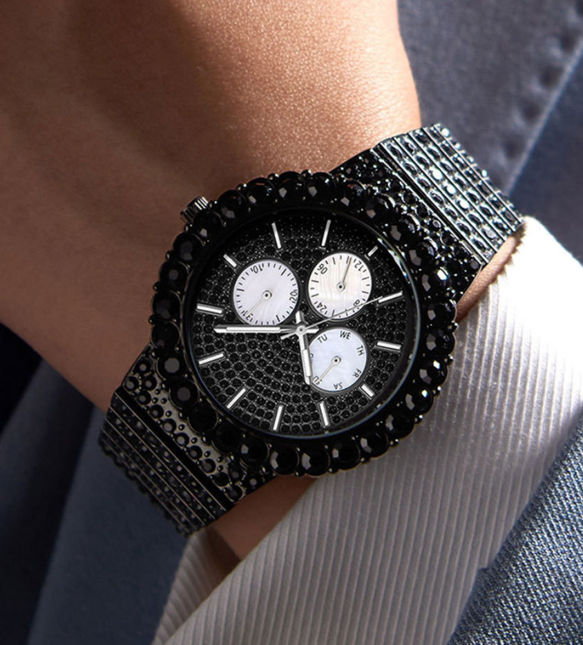 Mens hip hop quartz watch steel band butterfly clasp streetwear style