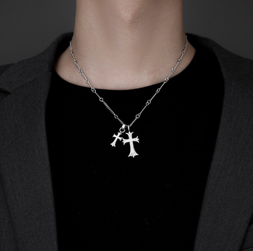 Diamond studded double cross necklace punk choker niche design unisex