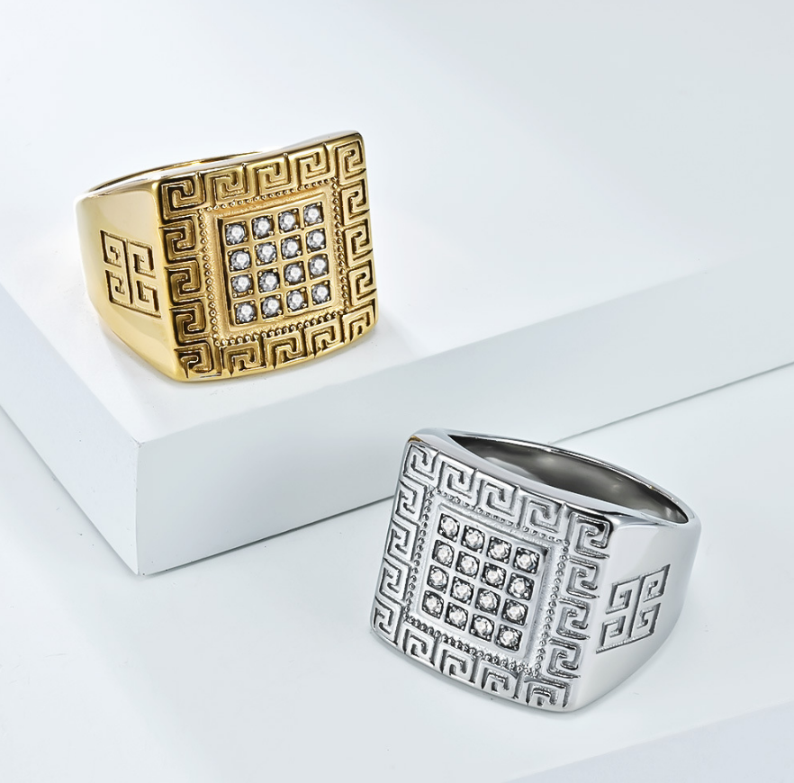 Mens 18k gold plated titanium steel ring full diamond great wall pattern