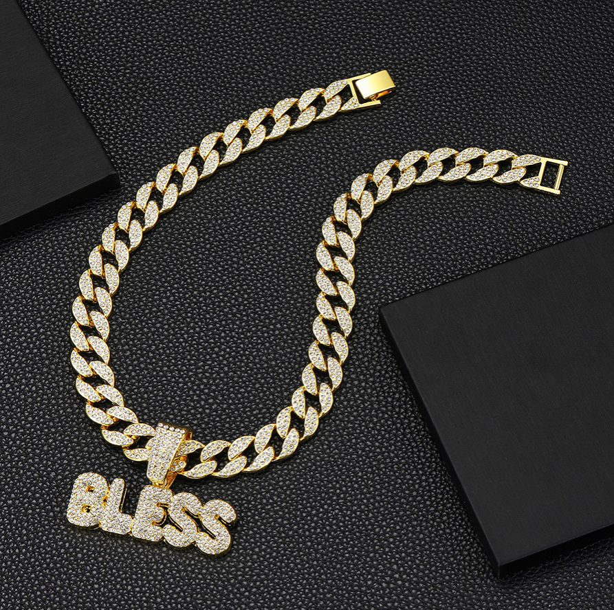 Hip hop BLESS pendant necklace full rhinestone cuban chain streetwear
