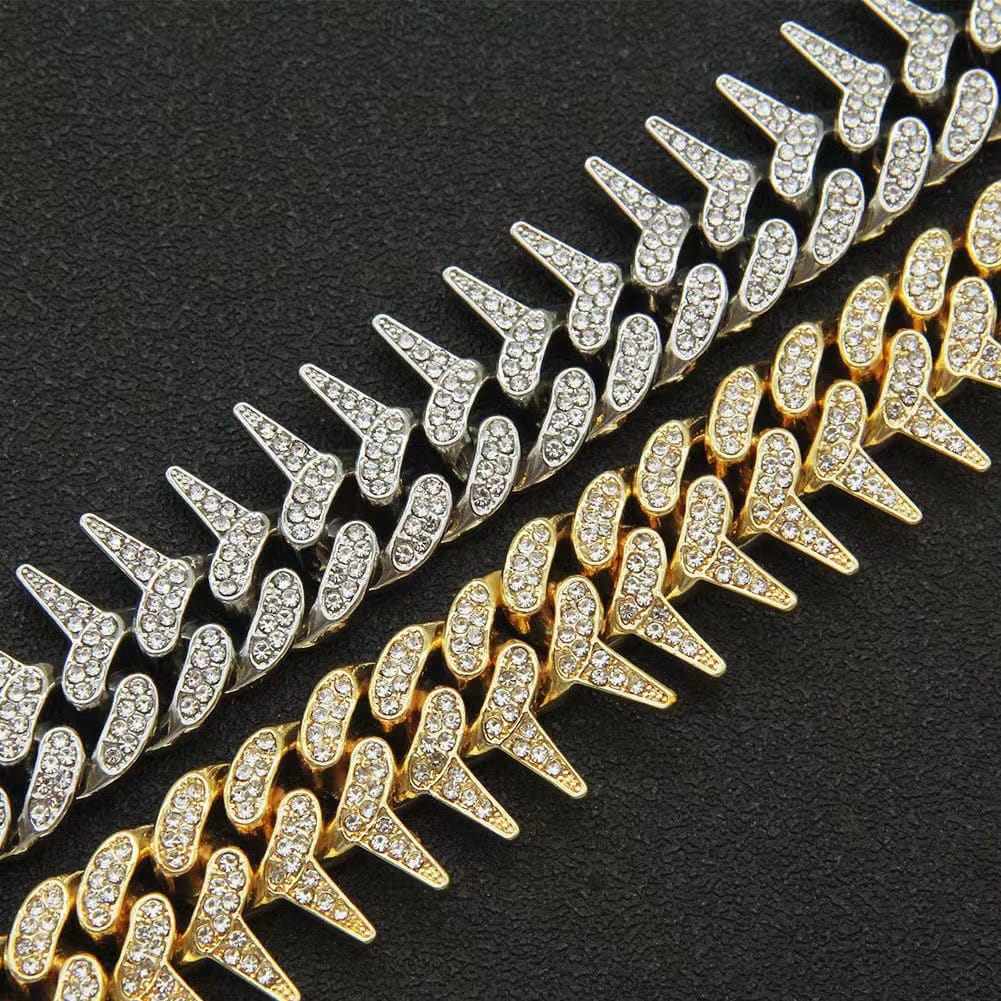 Gardira fully iced-out spiked thorn Cuban link bracelet with punk and hip-hop style, showcasing shiny metal links and edgy design.