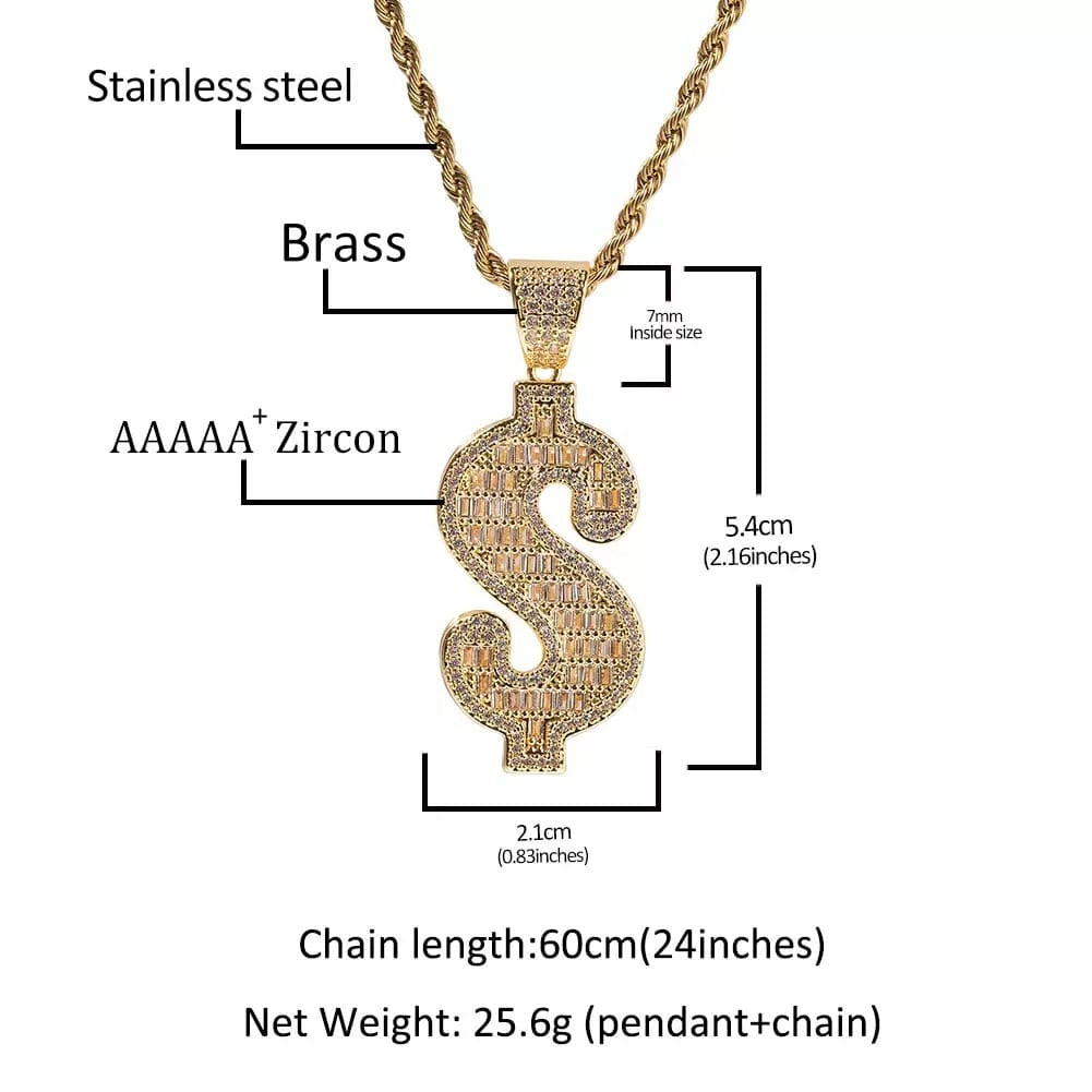 Gold zircon dollar sign pendant choker necklace from Gardira, hip hop jewelry statement piece with bold style and sparkling accents.
