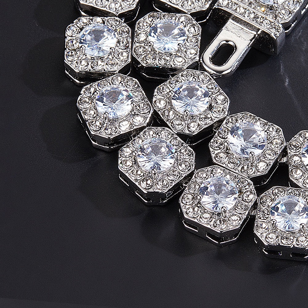 11mm Iced Out Square Rock Sugar Cuban Link Chain - Multicolor CZ Tennis Necklace for Men & Women Hip Hop Jewelry