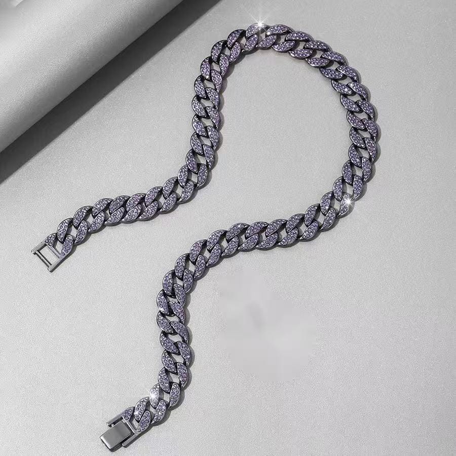 Purple heart-shaped diamond pendant on 18-inch Cuban chain by Gardira, showcasing a sparkling full diamond design.