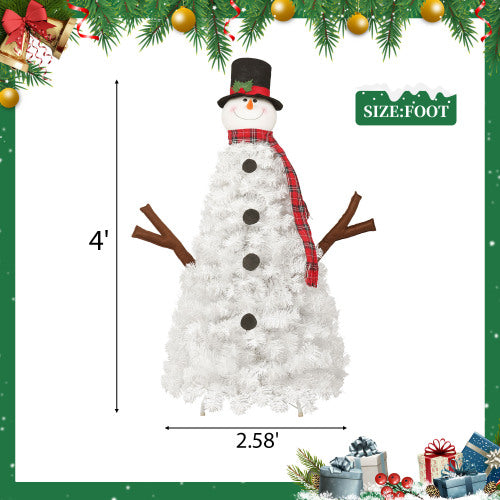 Decorative snowman with plaid scarf and top hat, size indicated as 4' tall and 2.58' wide, surrounded by Christmas-themed elements.