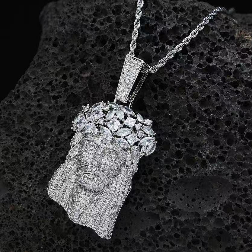 Gardira full diamond head pendant necklace with 24-inch twisted chain, showcasing sparkling diamond design and elegant craftsmanship.
