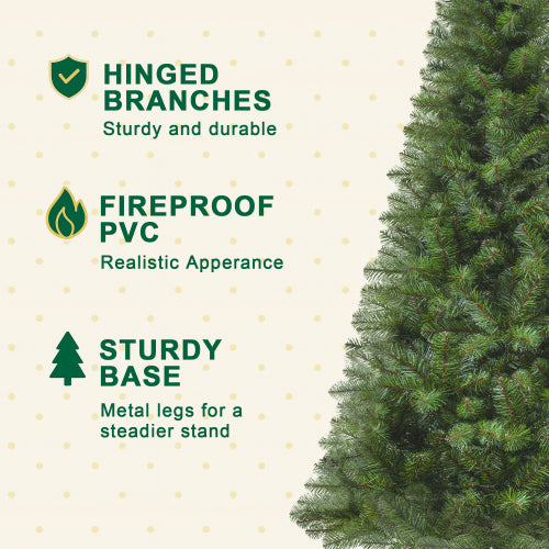 Green artificial Christmas tree with features listed