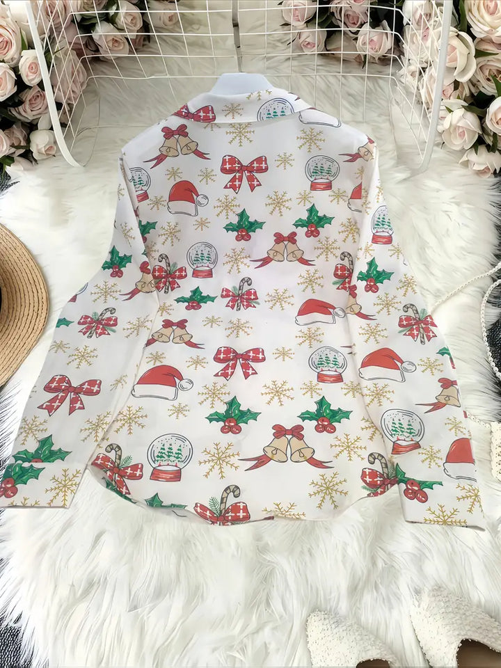 Christmas-themed fabric with Santa hats, snow globes, and bows on a white background.
