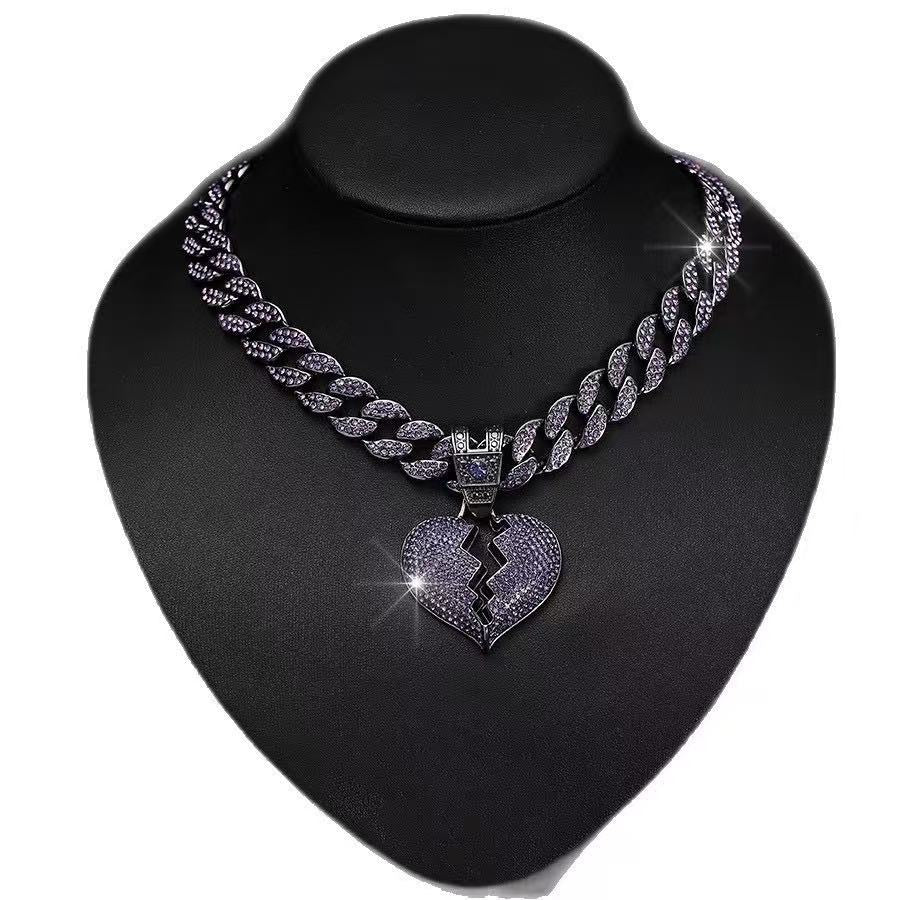 Purple heart-shaped diamond pendant on 18-inch Cuban chain, elegant jewelry necklace by Gardira.