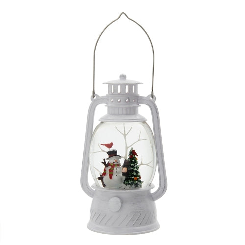 White lantern-shaped snow globe with a snowman and Christmas tree inside 
