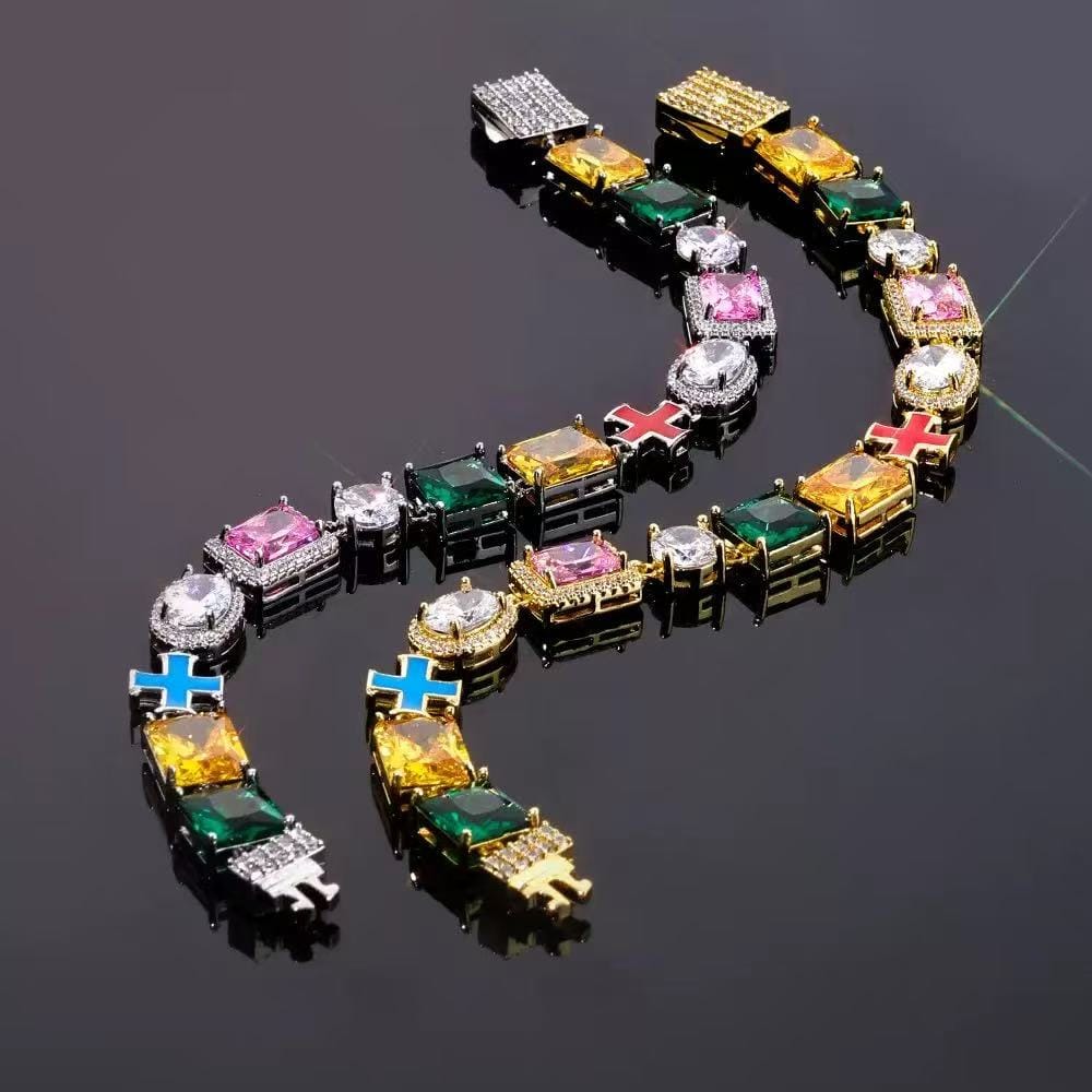 Colorful zircon jewelry bracelet with hip-hop-inspired design, featuring vibrant stones and a stylish charm, by Gardira.
