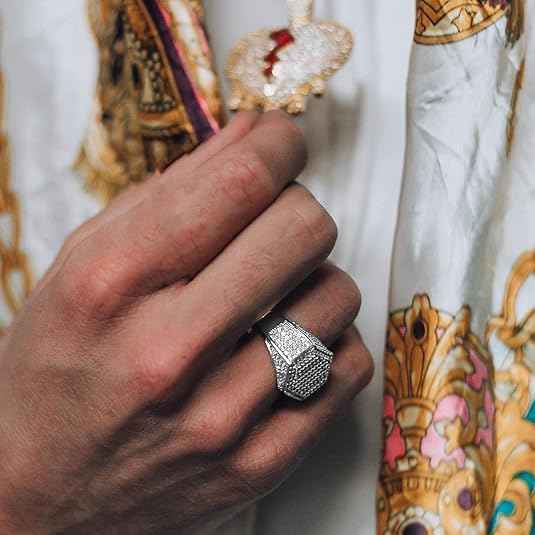 Men’s Iced Out CZ Hexagon Pinky Ring – 18K Gold Plated Hip Hop Bling Ring