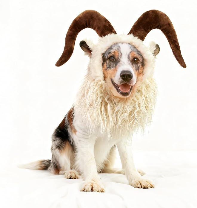 Dog wearing a goat head costume with large brown horns on a white background