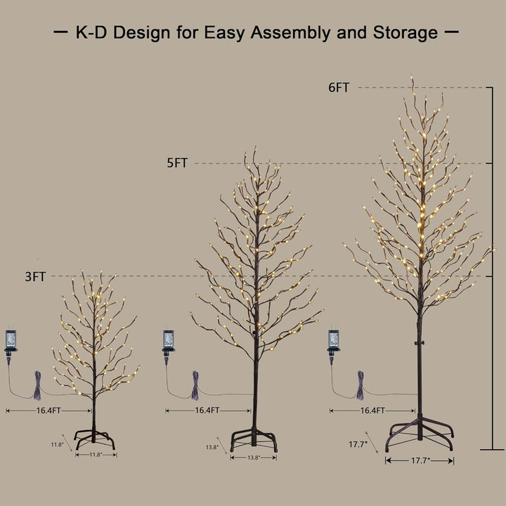 Diagram of LED trees with dimensions and K-D design for easy assembly and storage on a beige background.