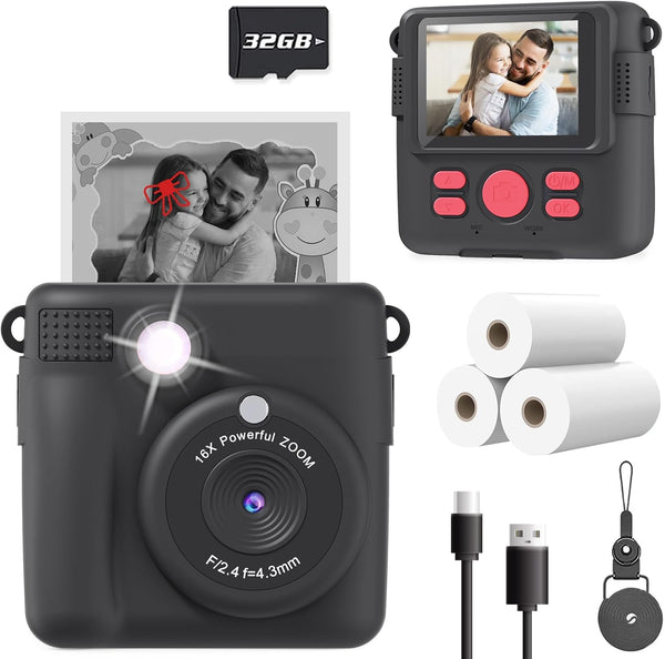 Black instant camera with accessories including a 32GB memory card, photo prints, and cables