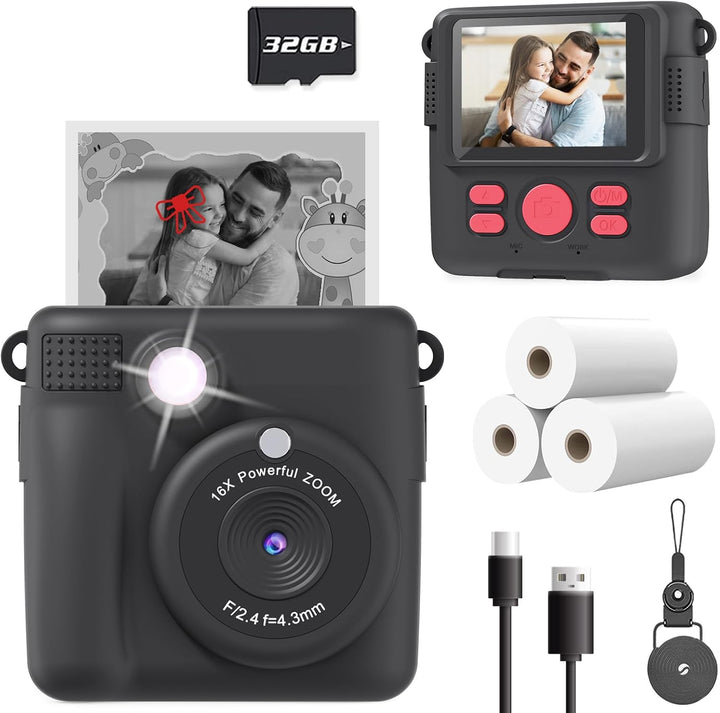 Black instant camera with accessories including a 32GB memory card, photo prints, and cables