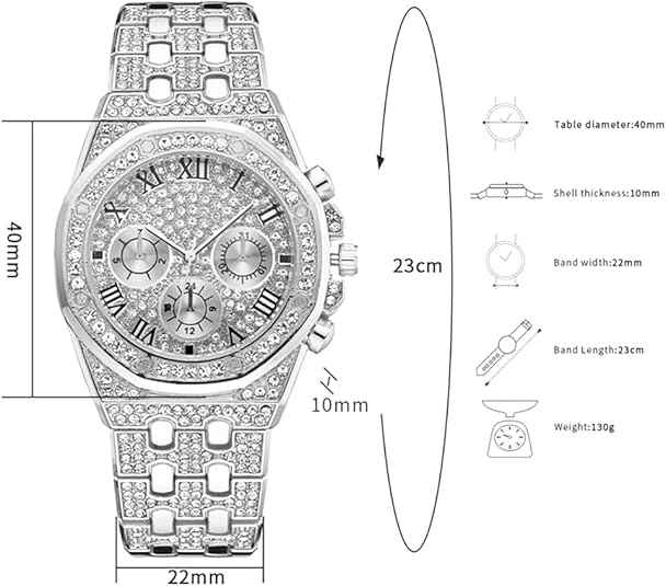 Diamond Iced Out Watch – 40mm Gold Plated CZ Roman Numeral Quartz Watch for Men & Women