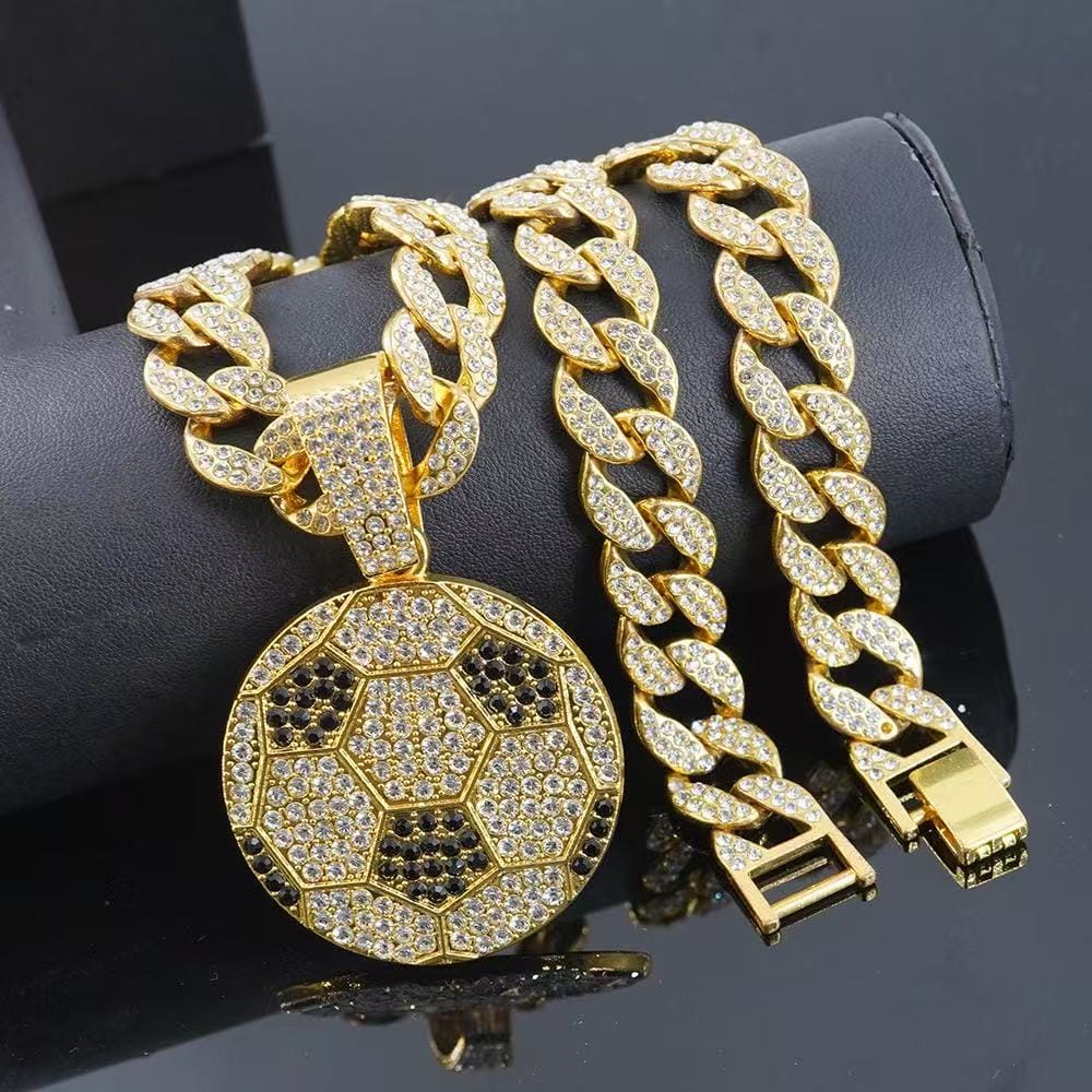 Gardira 18-inch full-diamond football pendant necklace showcasing a sparkling football-shaped pendant on a sleek chain.