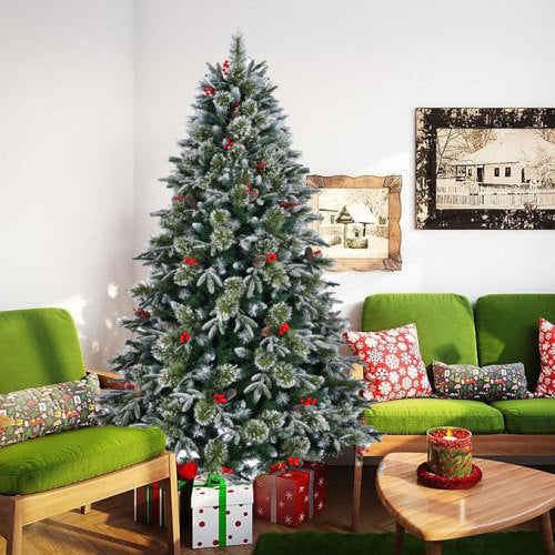 Decorated Christmas tree in a living room and presents.