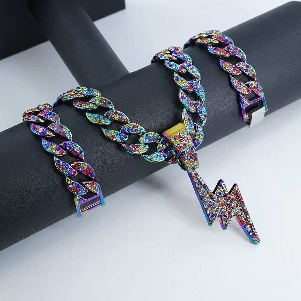 Gardira rainbow lightning pendant necklace with cool diamond rings, 18-inch chain, vibrant and eye-catching jewelry accessory.