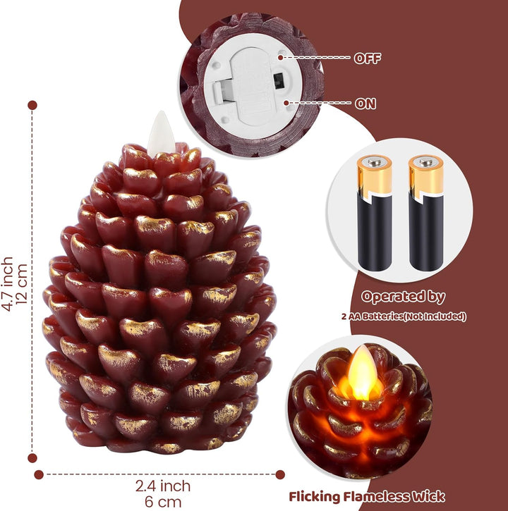 Pine cone-shaped candle with flameless feature, battery operation details, and dimensions on a brown background.