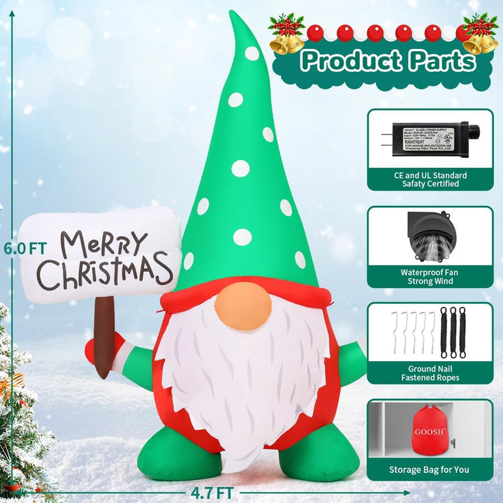 Inflatable Christmas gnome with a 'Merry Christmas' sign, surrounded by product parts and specifications.