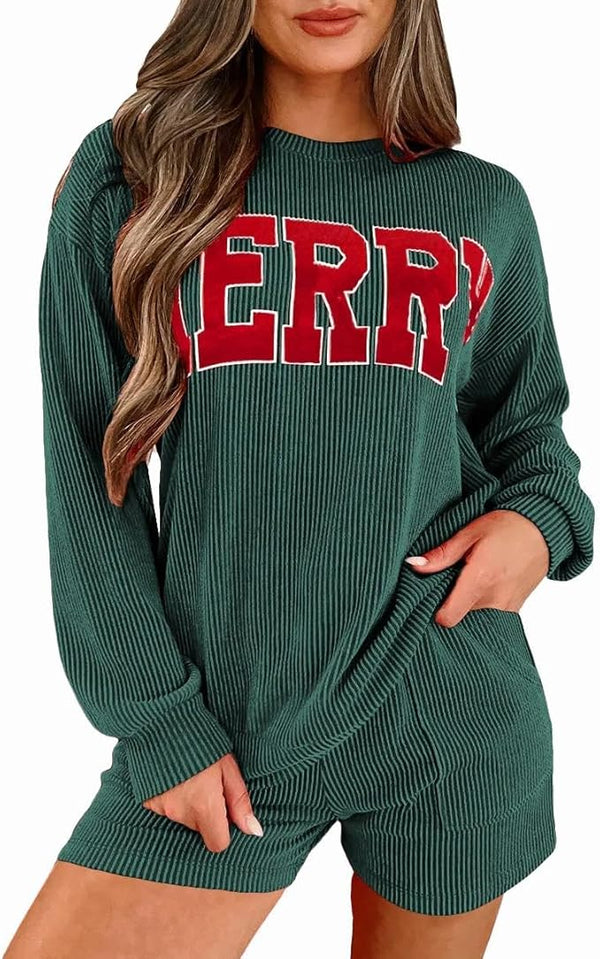 Women’s Ribbed Lounge Set – Long Sleeve Top & Shorts with Pockets