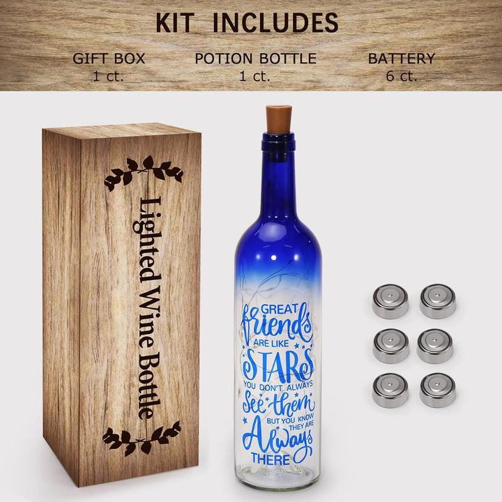 Lighted wine bottle kit with wooden box, potion bottle, and batteries on a white background.