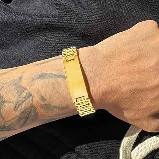 Personalized ID Bracelet for Men – Stainless Steel, 18K Gold & Black Plated Chunky Engraved Wristband Bangle