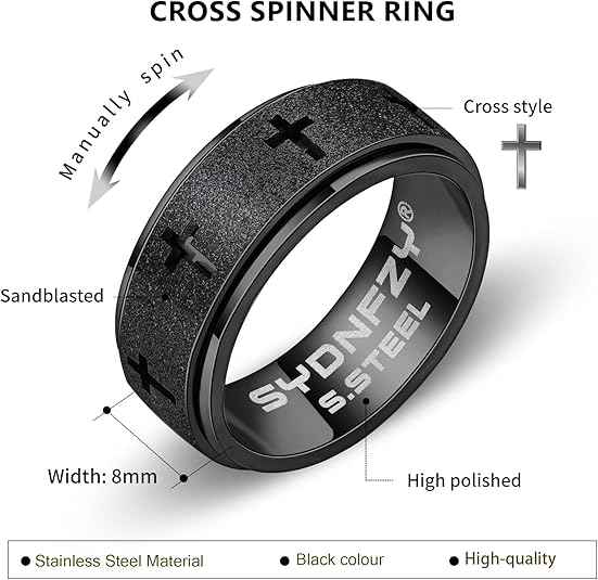 Men’s Anxiety Spinner Ring – Stainless Steel Cross Fidget Spinner Band for Stress Relief (8mm)