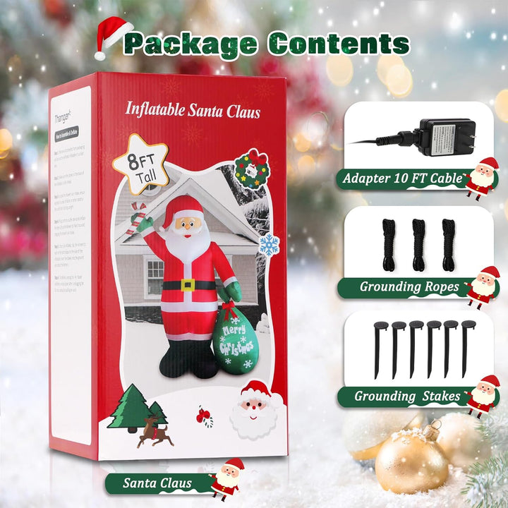 Inflatable Santa Claus package with adapter, cable, ropes, and stakes on a festive background.