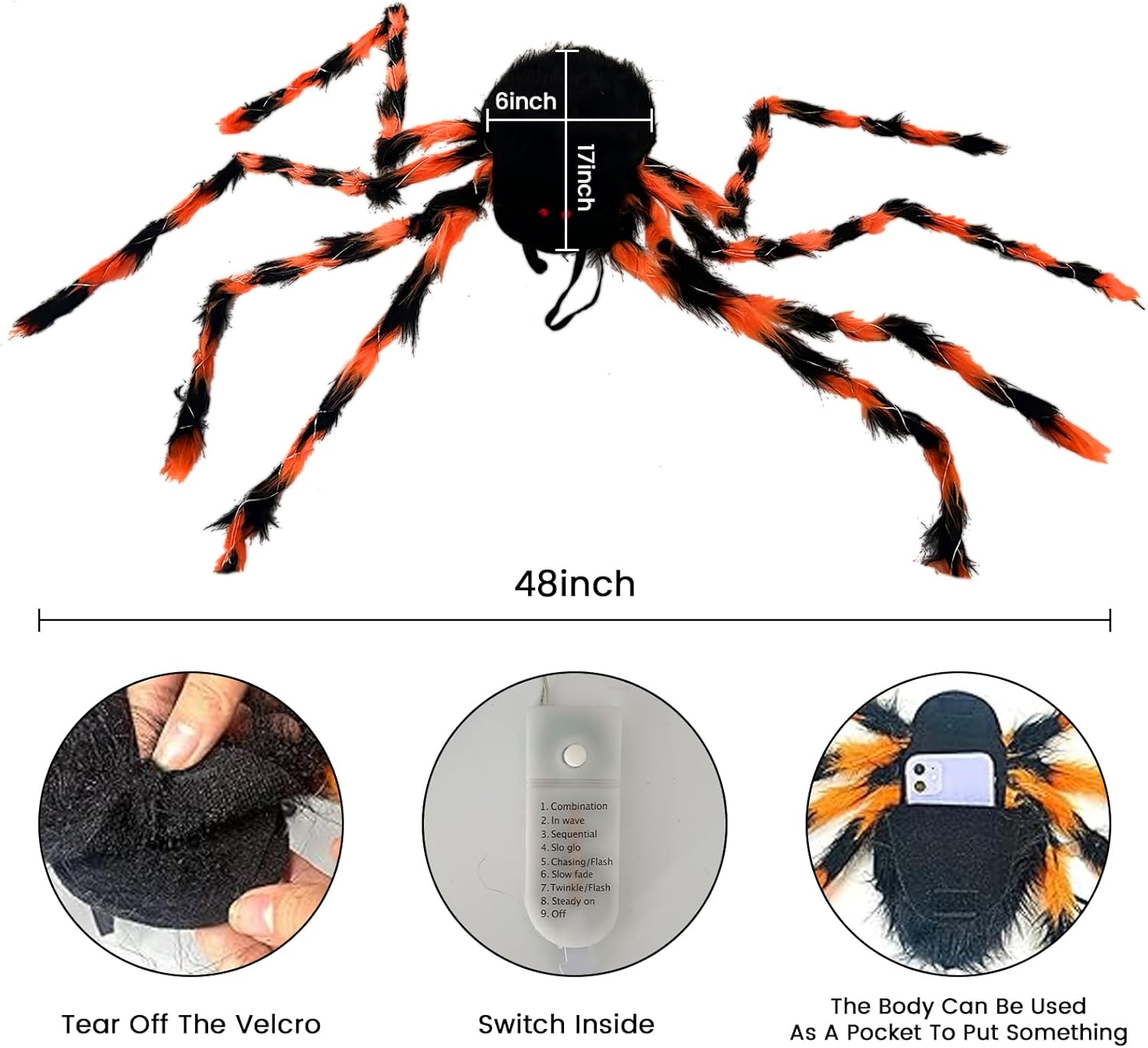 Halloween Giant Spider Backpack Set, 60 LED Light-Up Spider Backpack with Spider Headband, Scary Plush Costume for Kids Halloween Party