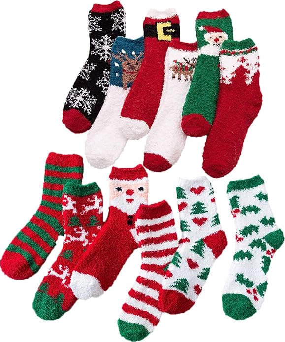 Set of Christmas-themed socks with various designs on a white background