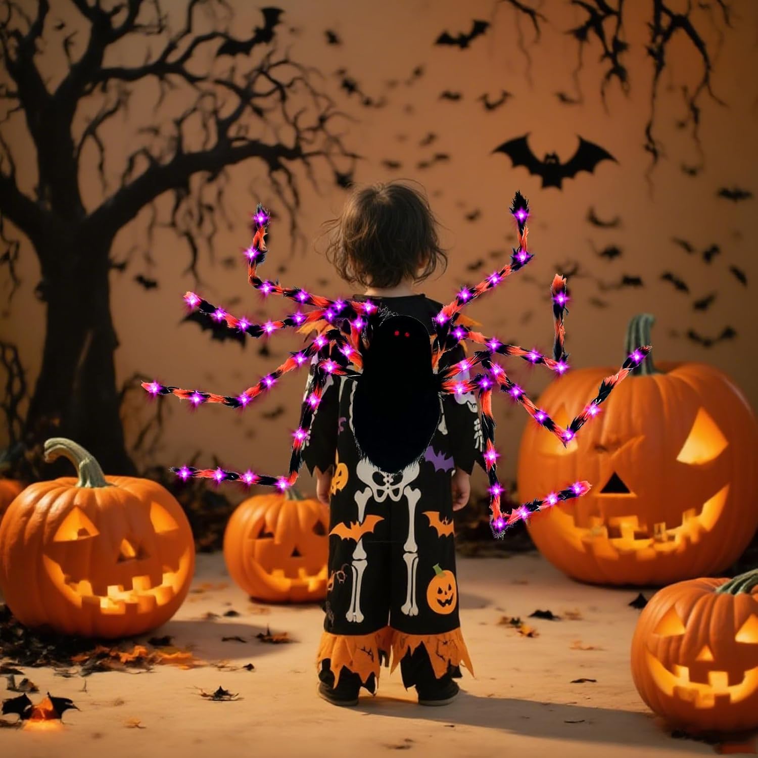 Halloween Giant Spider Backpack Set, 60 LED Light-Up Spider Backpack with Spider Headband, Scary Plush Costume for Kids Halloween Party