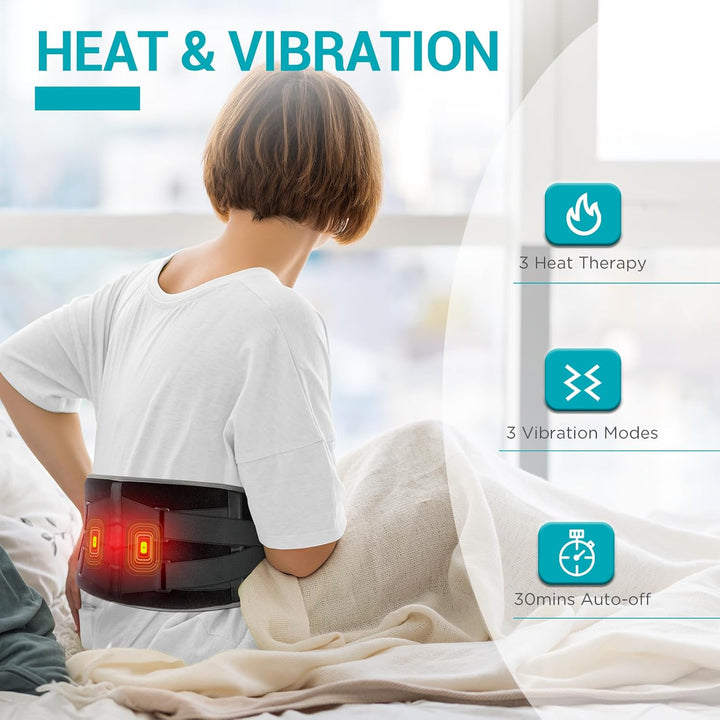 Person using a back massager with heat and vibration features, sitting on a bed.