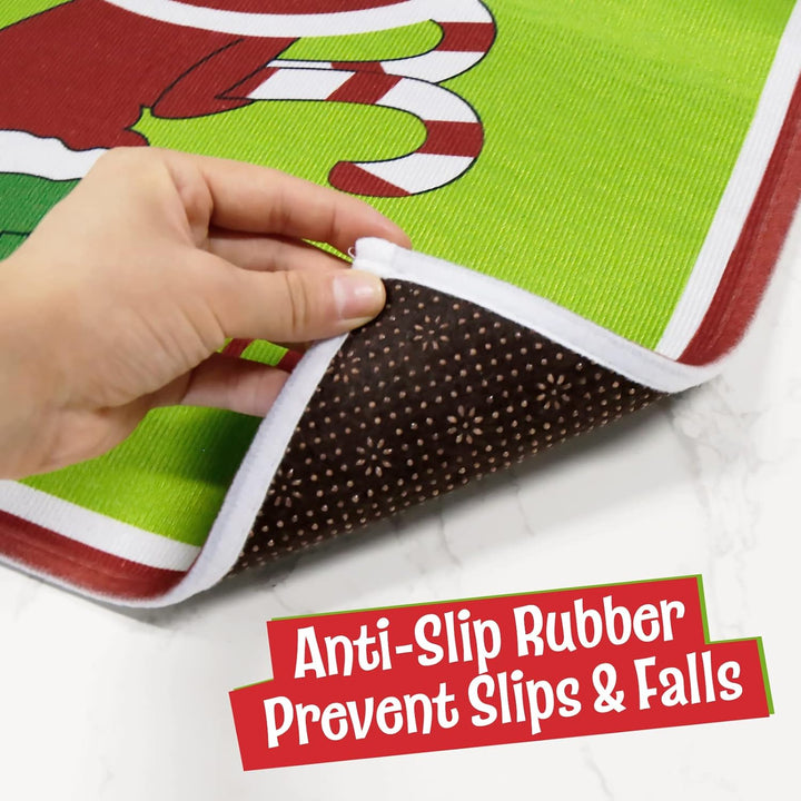 Hand holding a textured anti-slip mat with text 'Anti-Slip Rubber Prevent Slips & Falls' on a white background