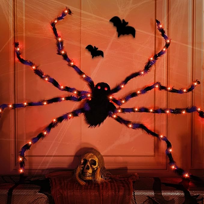 Halloween Giant Spider Backpack Set, 60 LED Light-Up Spider Backpack with Spider Headband, Scary Plush Costume for Kids Halloween Party