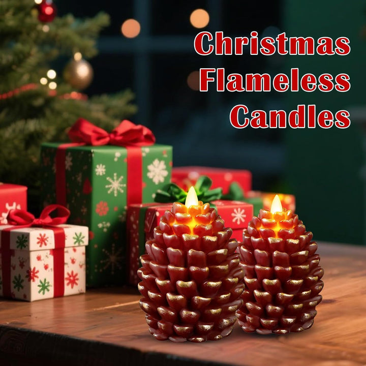 Two pine cone-shaped flameless candles with Christmas decorations in the background.