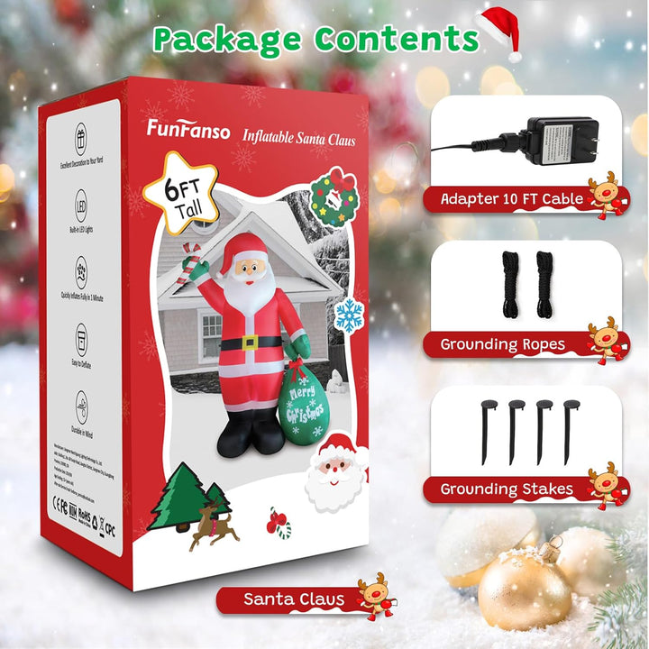 Inflatable Santa Claus package with accessories on a festive background